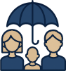 Guarda-chuva cobrindo ícones de saúde, moradia e finanças, representando seguros ou proteção financeira.